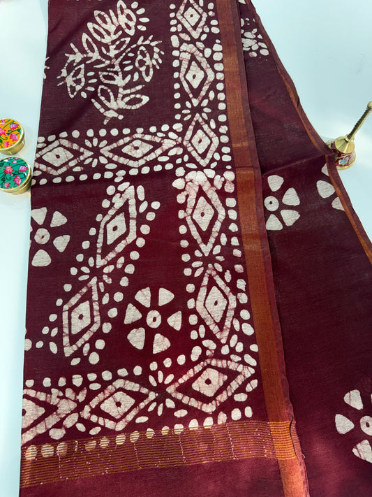 Maroon Cotton Linen Batik Saree