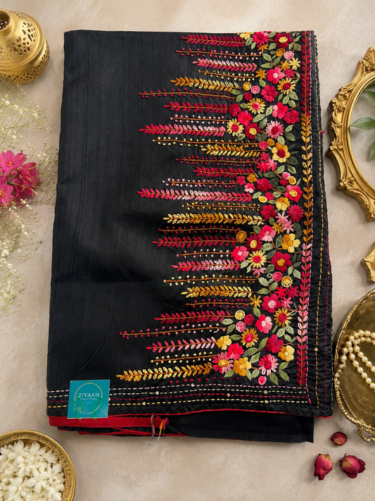 Black Half Tussar Saree with Thread Hand Embroidery