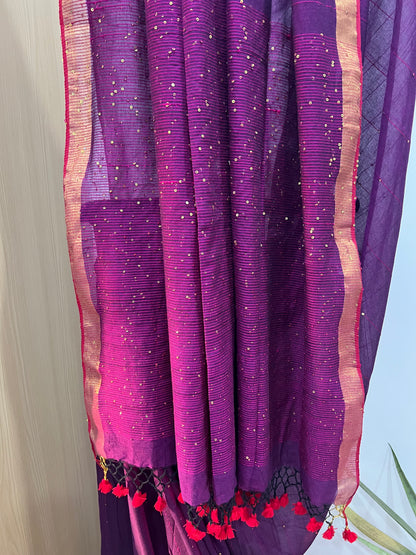 Mul Cotton Saree with Sequin Work and Golden Border