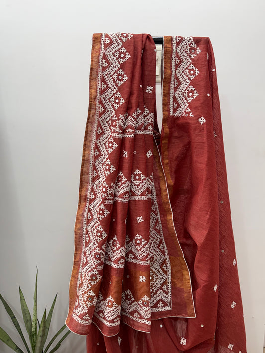Ghicha Silk Saree with Gujarati Hand Embroidery