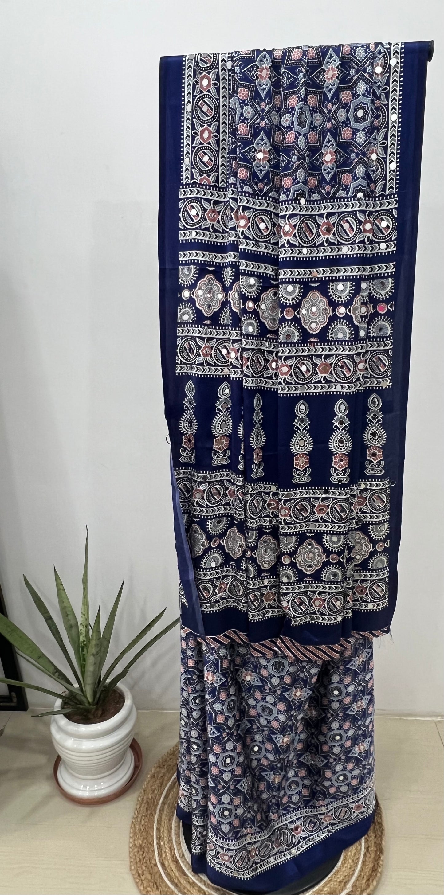 Navy Blue Ajrakh Modal Mirror Work Saree