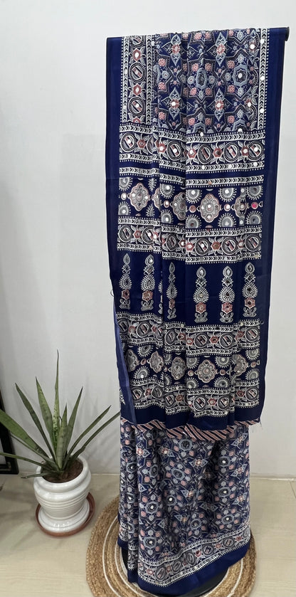 Navy Blue Ajrakh Modal Mirror Work Saree