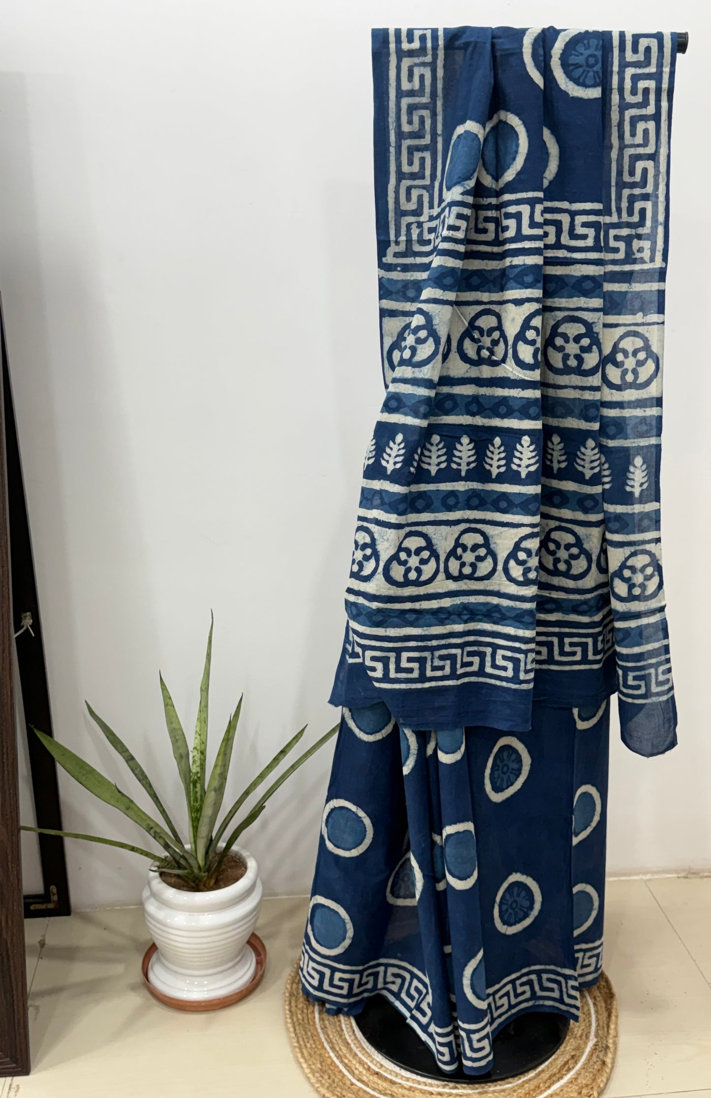 Navy Blue Cotton Hand Block Saree