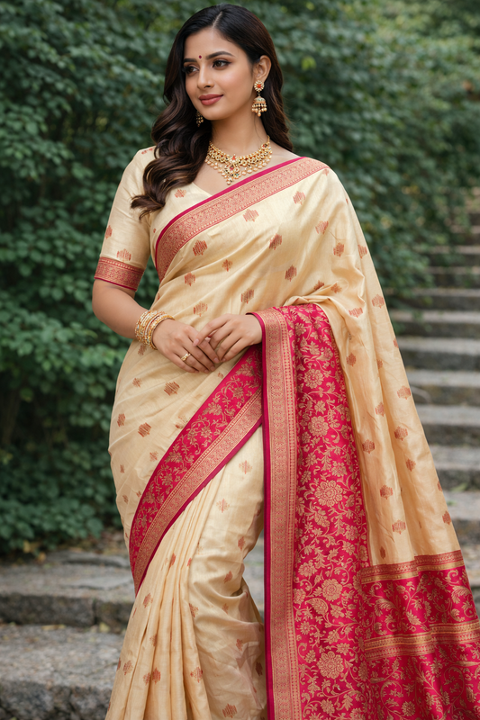 White & Pink Crepe Silk Saree