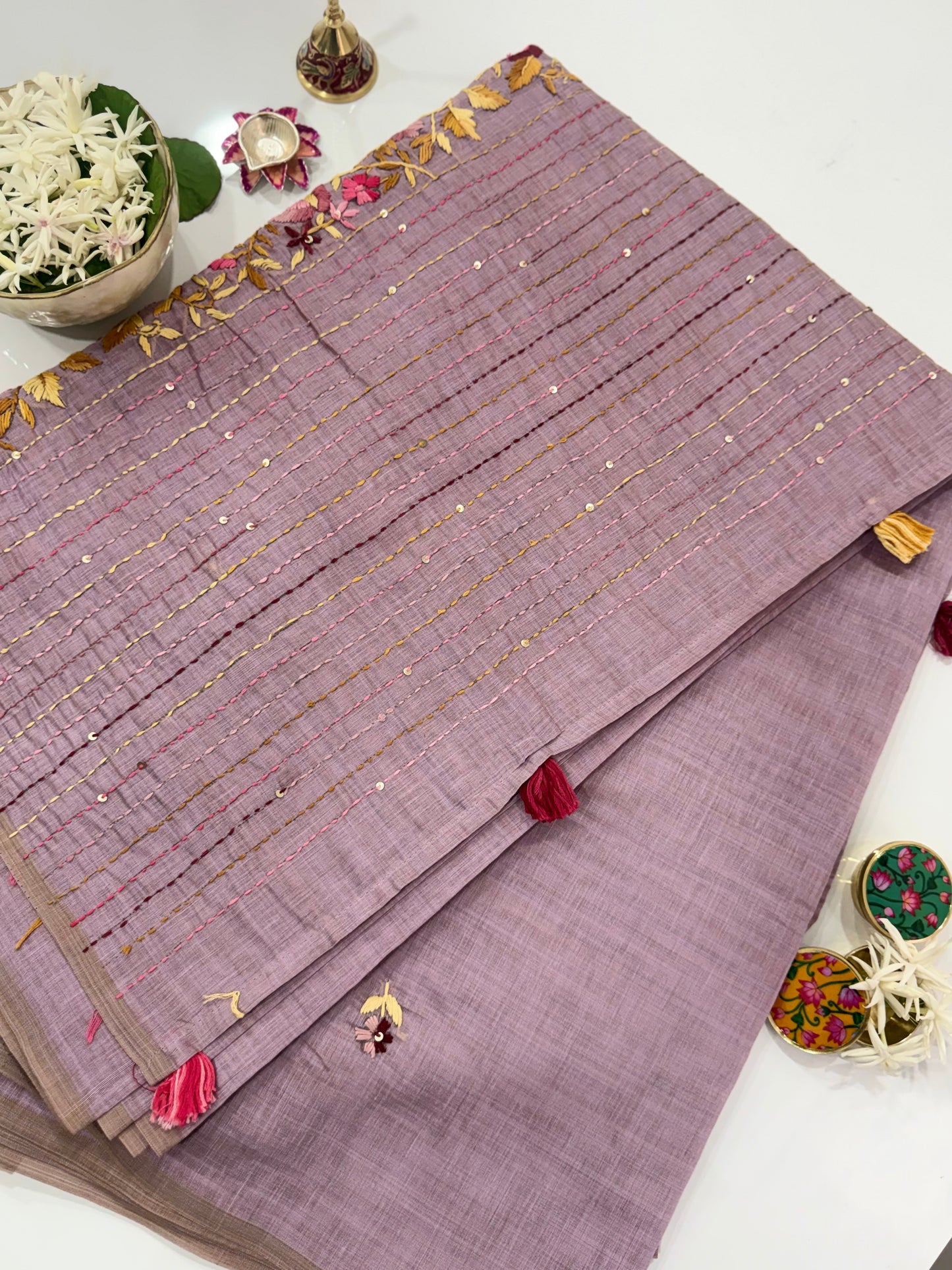 Lavender Chanderi Cotton Parsi Handwork Saree