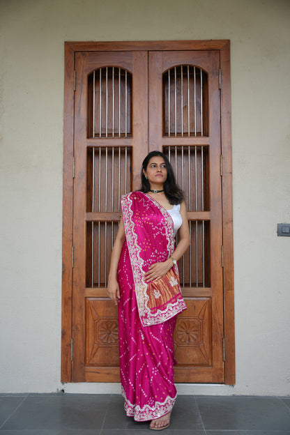 Gulbahaar - Pure Gaji Silk Bandhani Saree with zardosi handwork