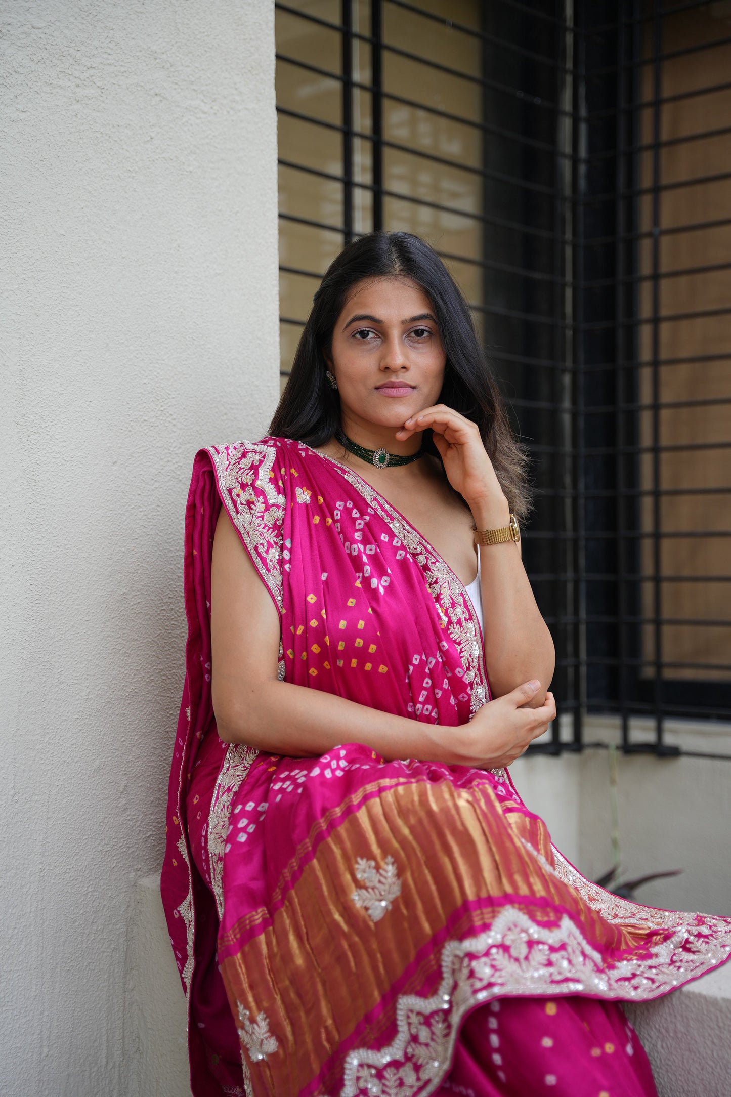 Gulbahaar - Pure Gaji Silk Bandhani Saree with zardosi handwork