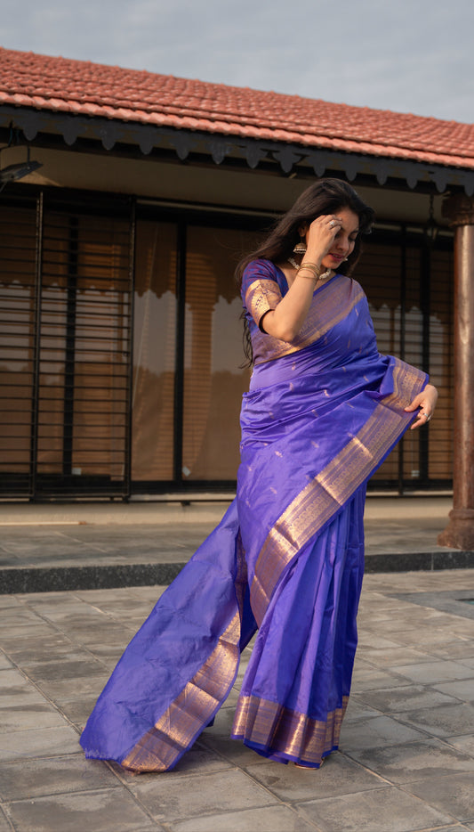 Woman in a purple saree standing on a patio with a building in the background