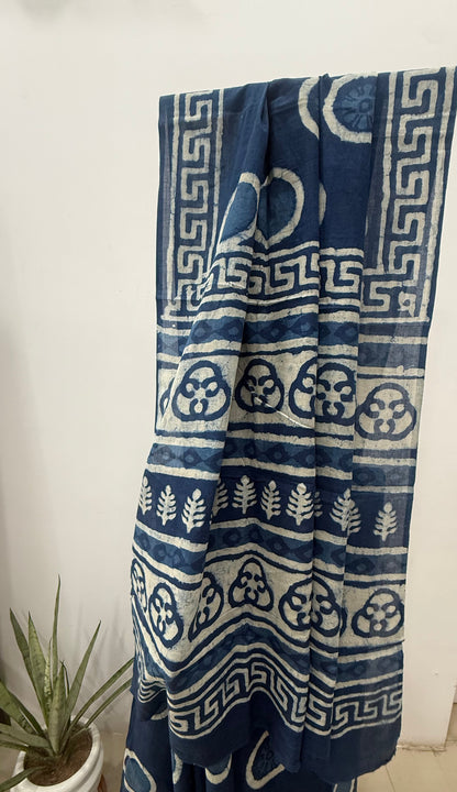 Navy Blue Cotton Hand Block Saree