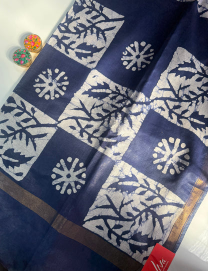 Indigo Batik Cotton Saree with Zari Border