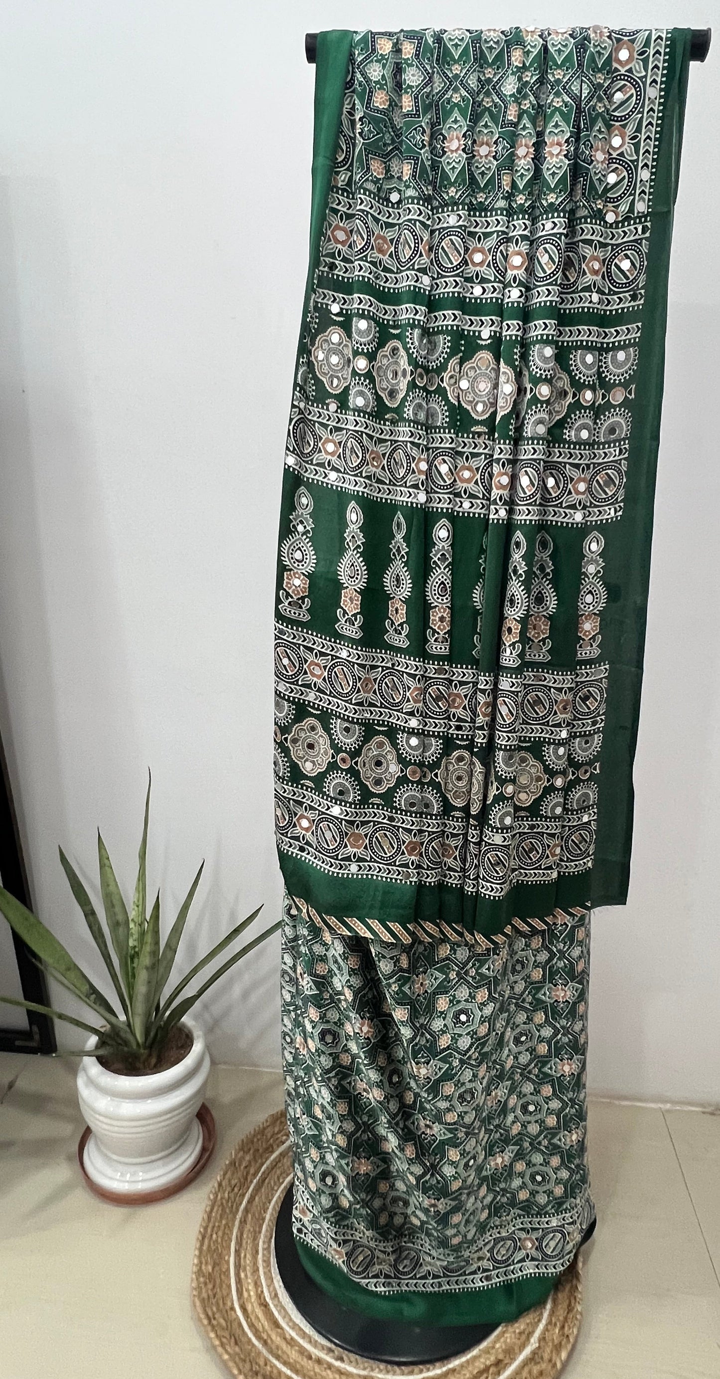 Emerald Green Ajrakh Mirror Work Saree