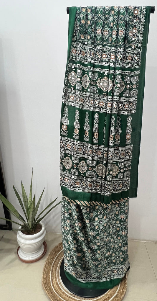 Emerald Green Ajrakh Mirror Work Saree
