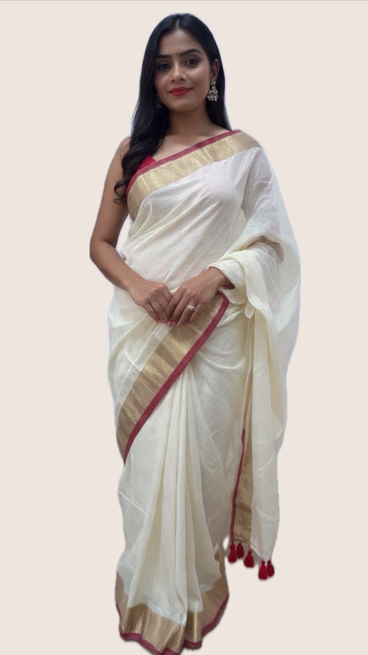 Timeless Off White Cotton Saree with Gold Zari & Red Border