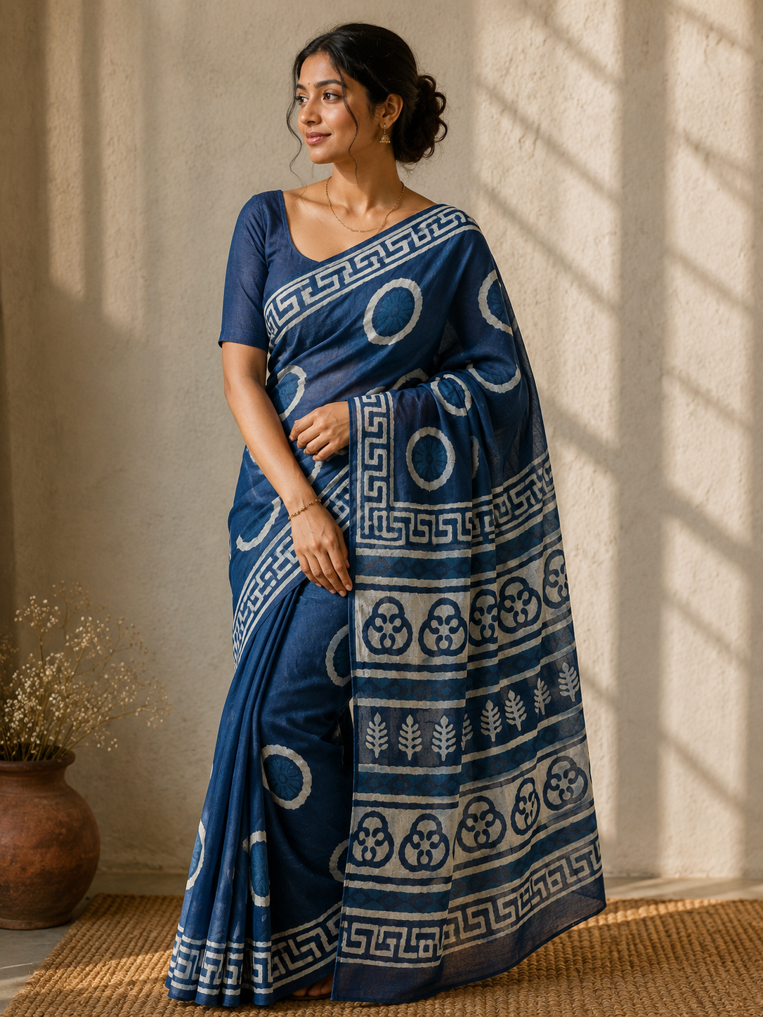 Navy Blue Cotton Hand Block Saree