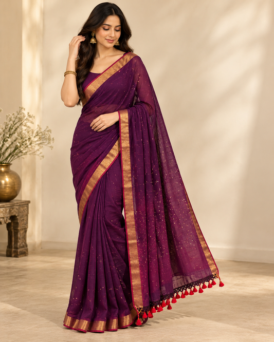 Mul Cotton Saree with Sequin Work and Golden Border