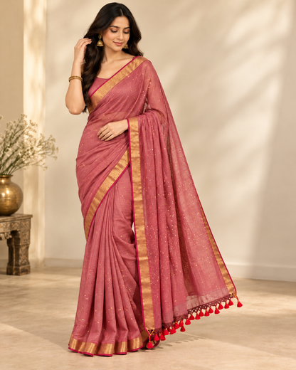 Mul Cotton Saree with Sequin Work and Golden Border