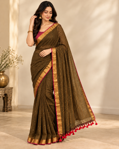 Mul Cotton Saree with Sequin Work and Golden Border