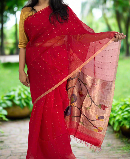 Pure Handloom Muslin Silk Saree with Paithani Pallu
