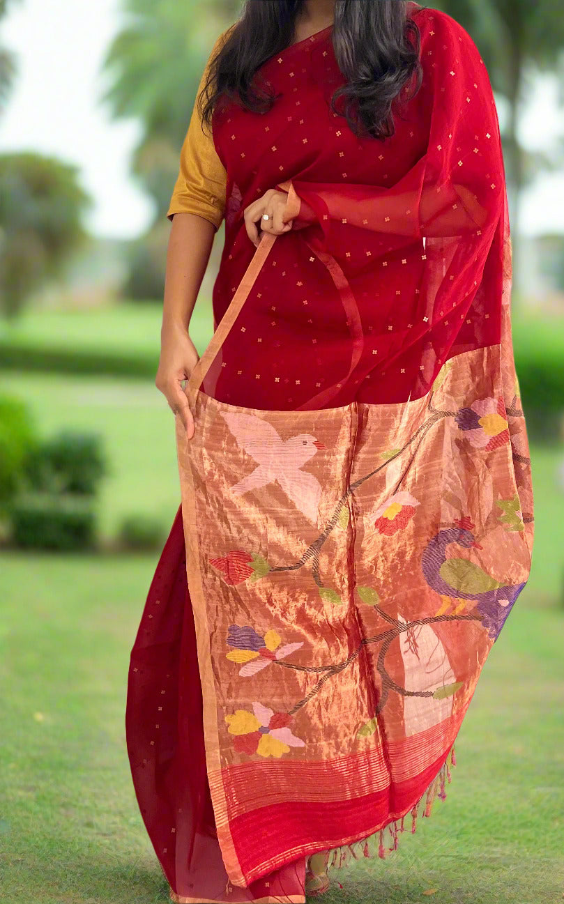 Pure Handloom Muslin Silk Saree with Paithani Pallu