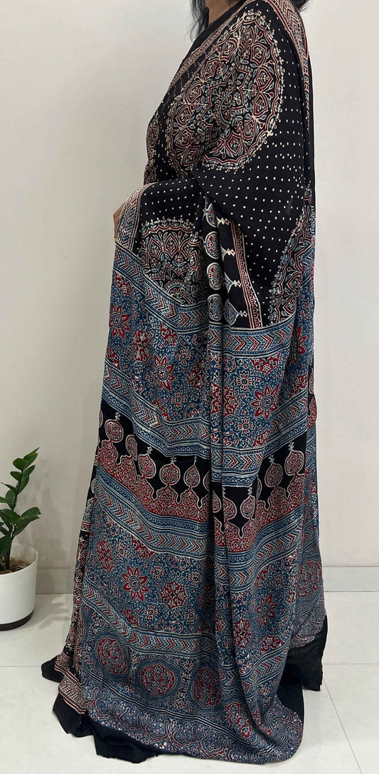 Pure Modal Silk Handblock Ajrakh Saree