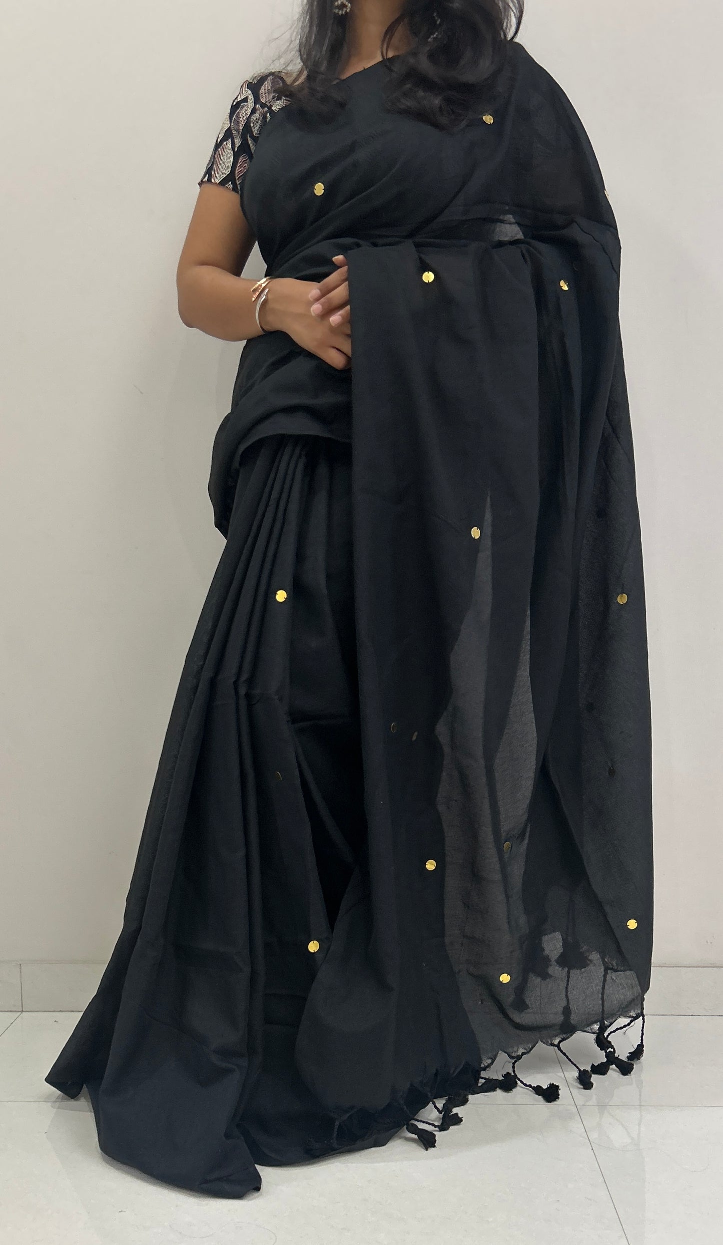 Sequin Cotton Saree - Black