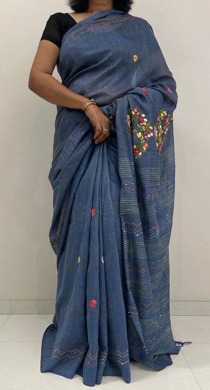 Semi linen Bullion handwork Saree