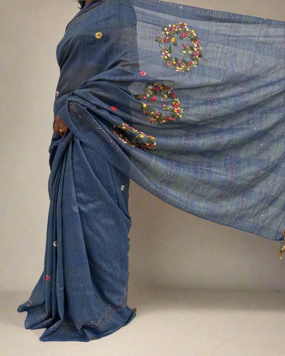 Semi linen Bullion handwork Saree