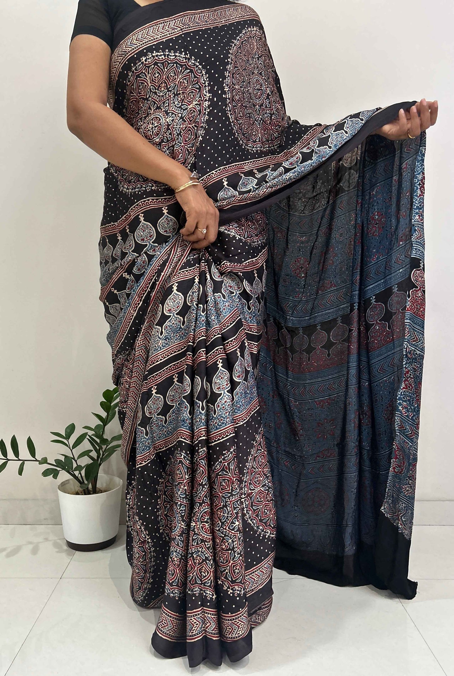 Pure Modal Silk Handblock Ajrakh Saree