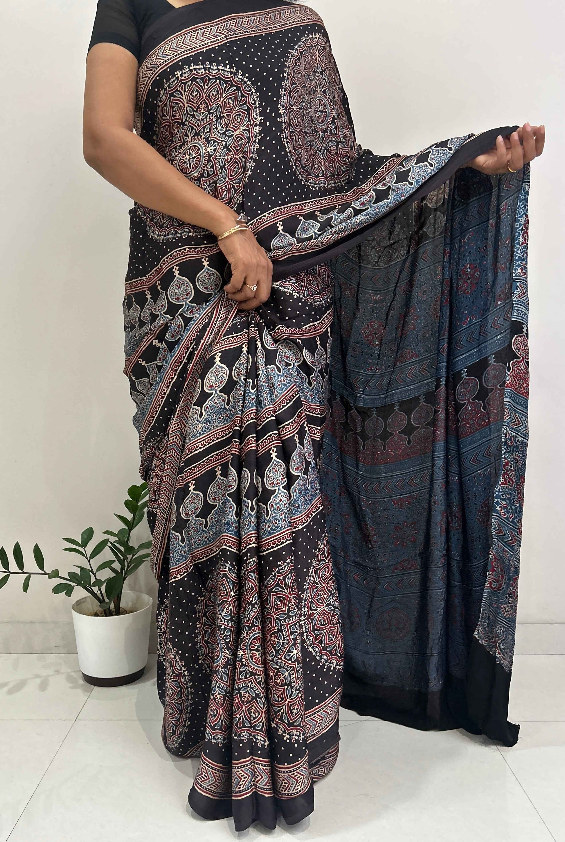 Pure Modal Silk Handblock Ajrakh Saree