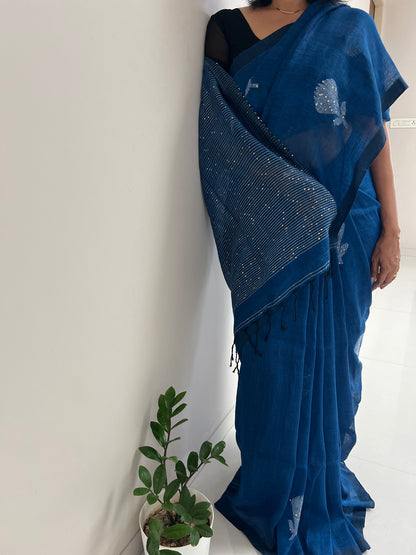 Neela Phool Handloom Linen Saree