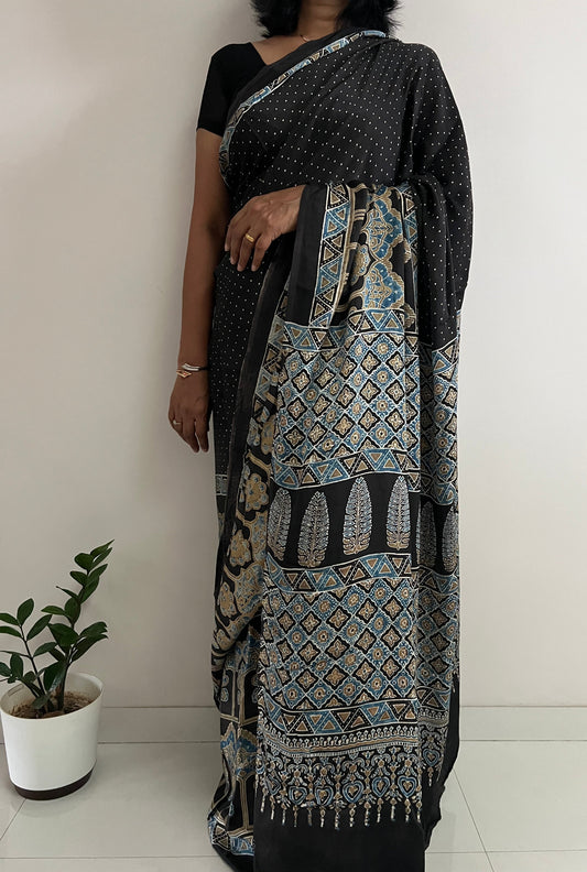 Pure Modal Silk Handblock Ajrakh Saree