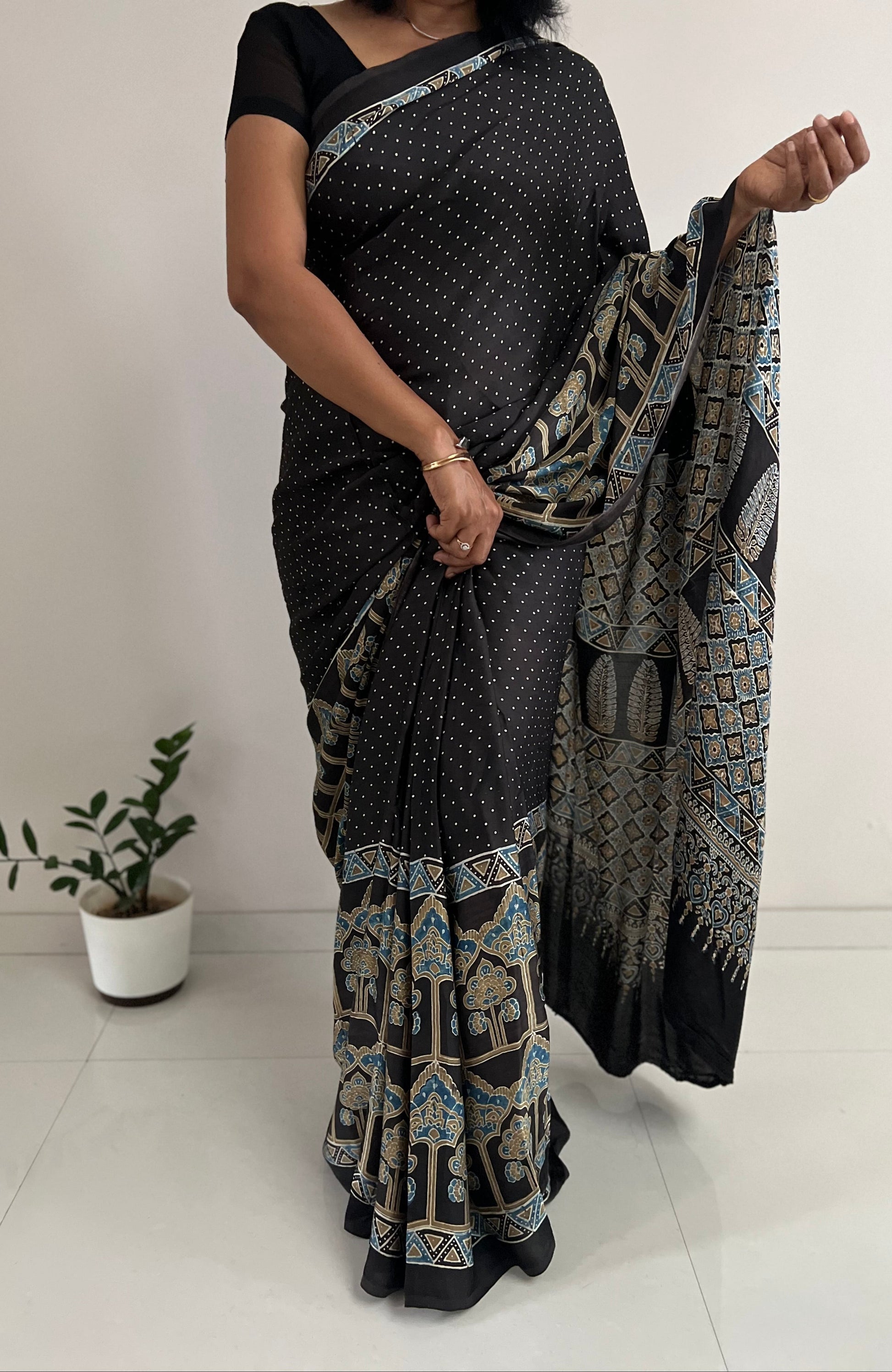 Pure Modal Silk Handblock Ajrakh Saree