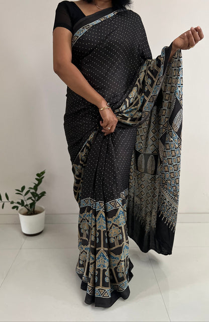 Pure Modal Silk Handblock Ajrakh Saree