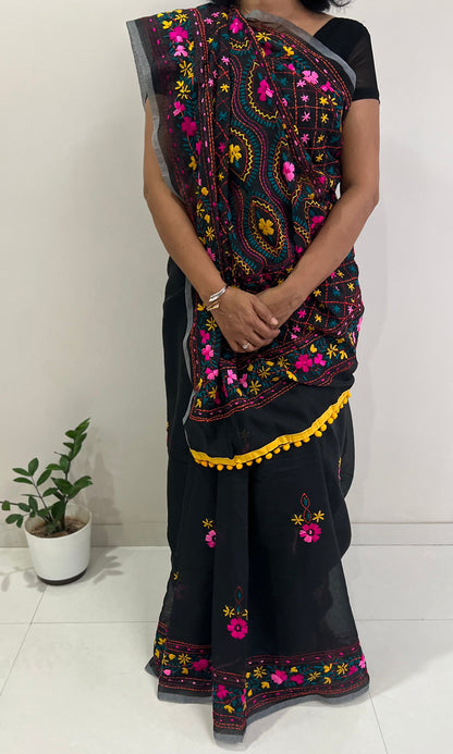 Royal Black Phulkari Saree