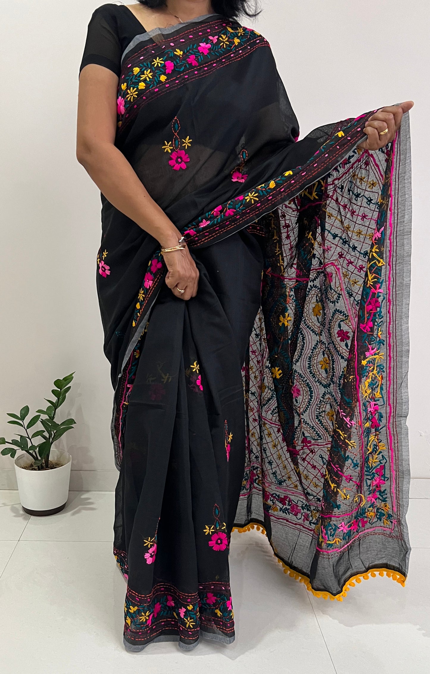 Royal Black Phulkari Saree