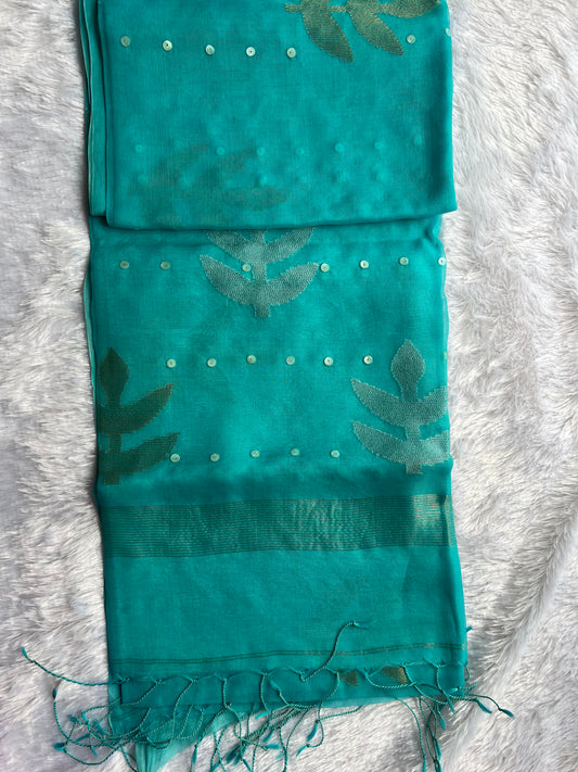 Teal Firozi - Pure Muslin Silk Saree with handwoven mother of pearl saree
