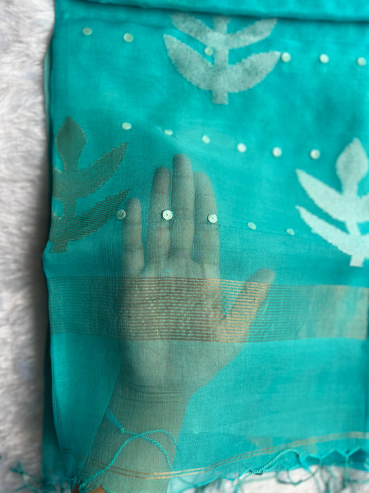 Teal Firozi - Pure Muslin Silk Saree with handwoven mother of pearl saree