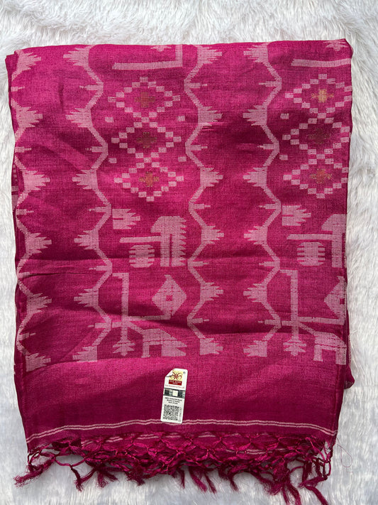 Rani Pink - Pure Tussar Silk Jamdani Saree
