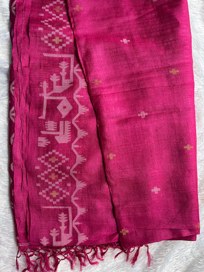 Rani Pink - Pure Tussar Silk Jamdani Saree