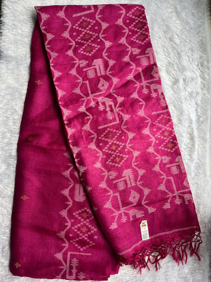 Rani Pink - Pure Tussar Silk Jamdani Saree