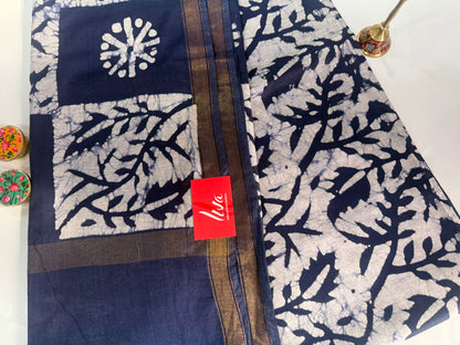 Indigo Batik Cotton Saree with Zari Border