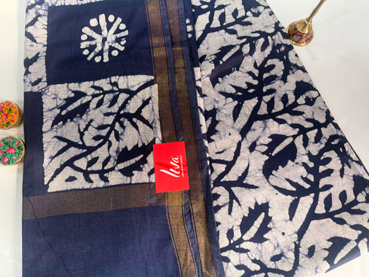 Indigo Batik Cotton Saree with Zari Border