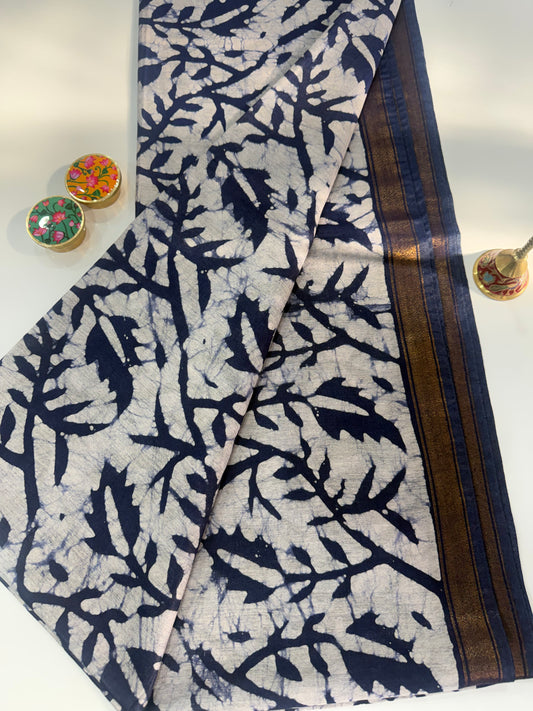 Indigo Batik Cotton Saree with Zari Border
