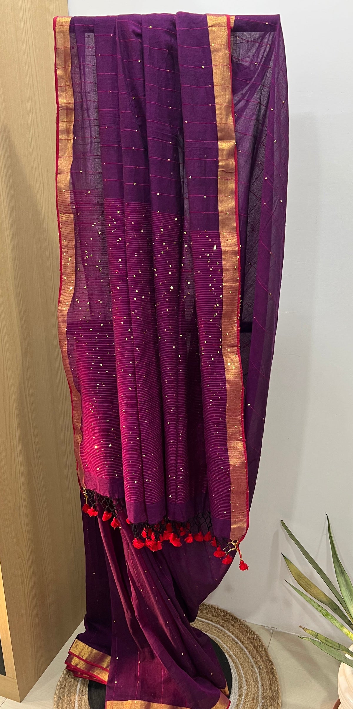 Mul Cotton Saree with Sequin Work and Golden Border