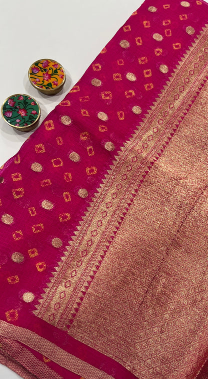 Pure Kota Silk Bandhej Saree with Zari Butti & Woven Border