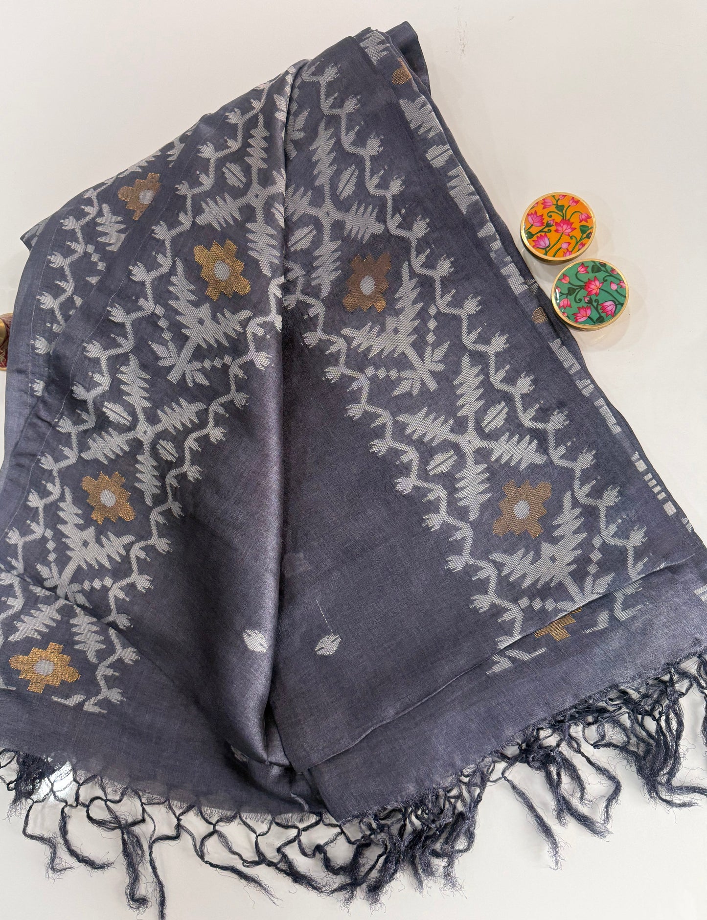 Grey Pure Tussar Silk Saree with