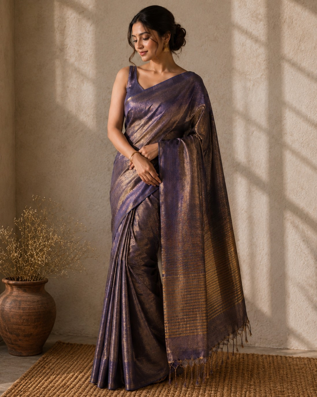 Woman wearing a purple saree with a gold border against a neutral wall.