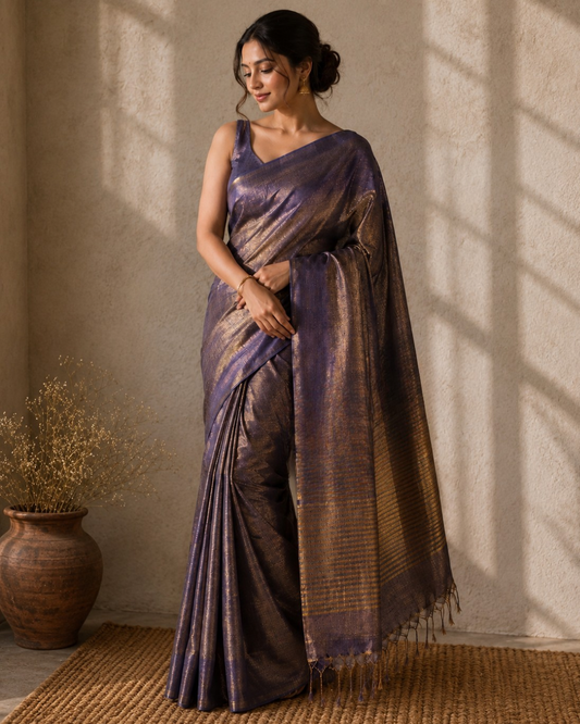 Woman wearing a purple saree with a gold border against a neutral wall.