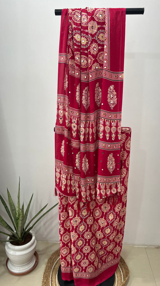 Red Ajrakh Saree With Mirror Work