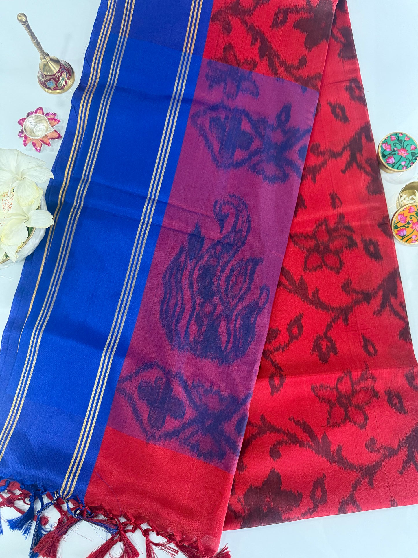     Royal Blue Soft Silk Batik Print Saree with Crimson Red Pallu